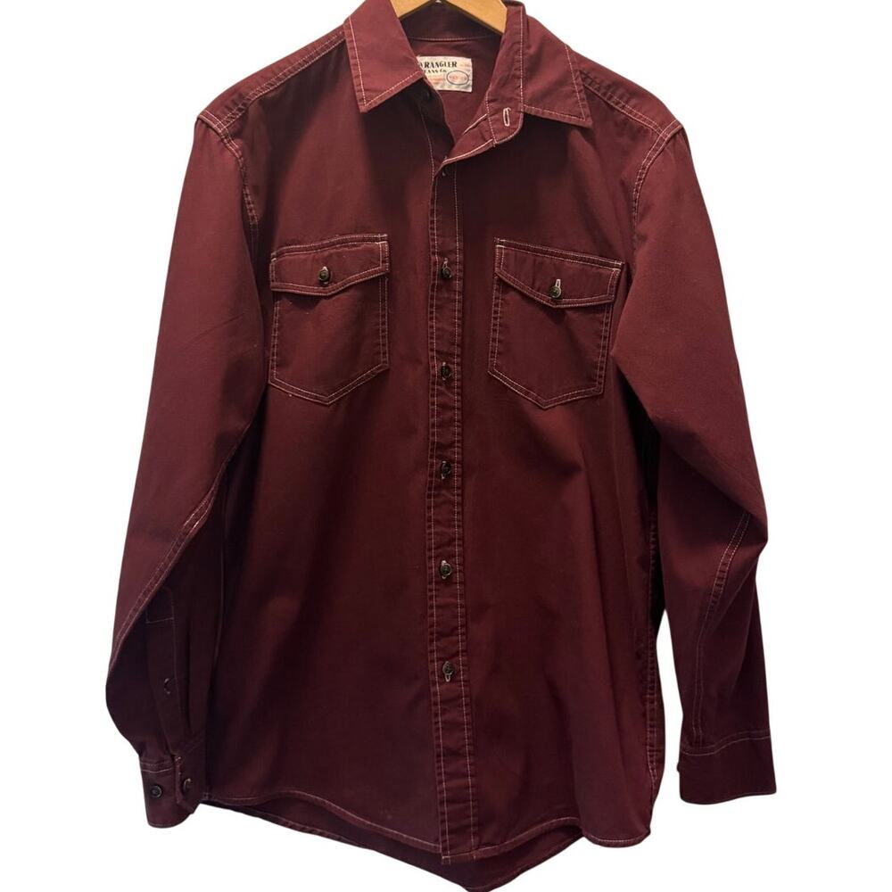 VTG Wrangler Jeans Co Mens Western Shirt Burgundy Cotton Long Sleeve M Medium